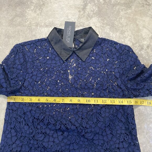 Rachel Zoe Blouse Womens 4 Navy Blue Lace Collared Lined Collared‎ Preppy - Picture 2 of 9